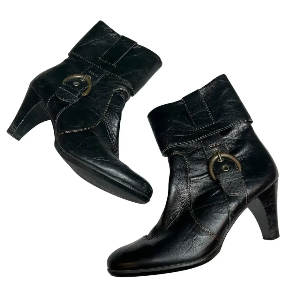 Paul Green Harness Boots 6.5 Black Leather Buckle‎ Cuffed Western Ankle Booties